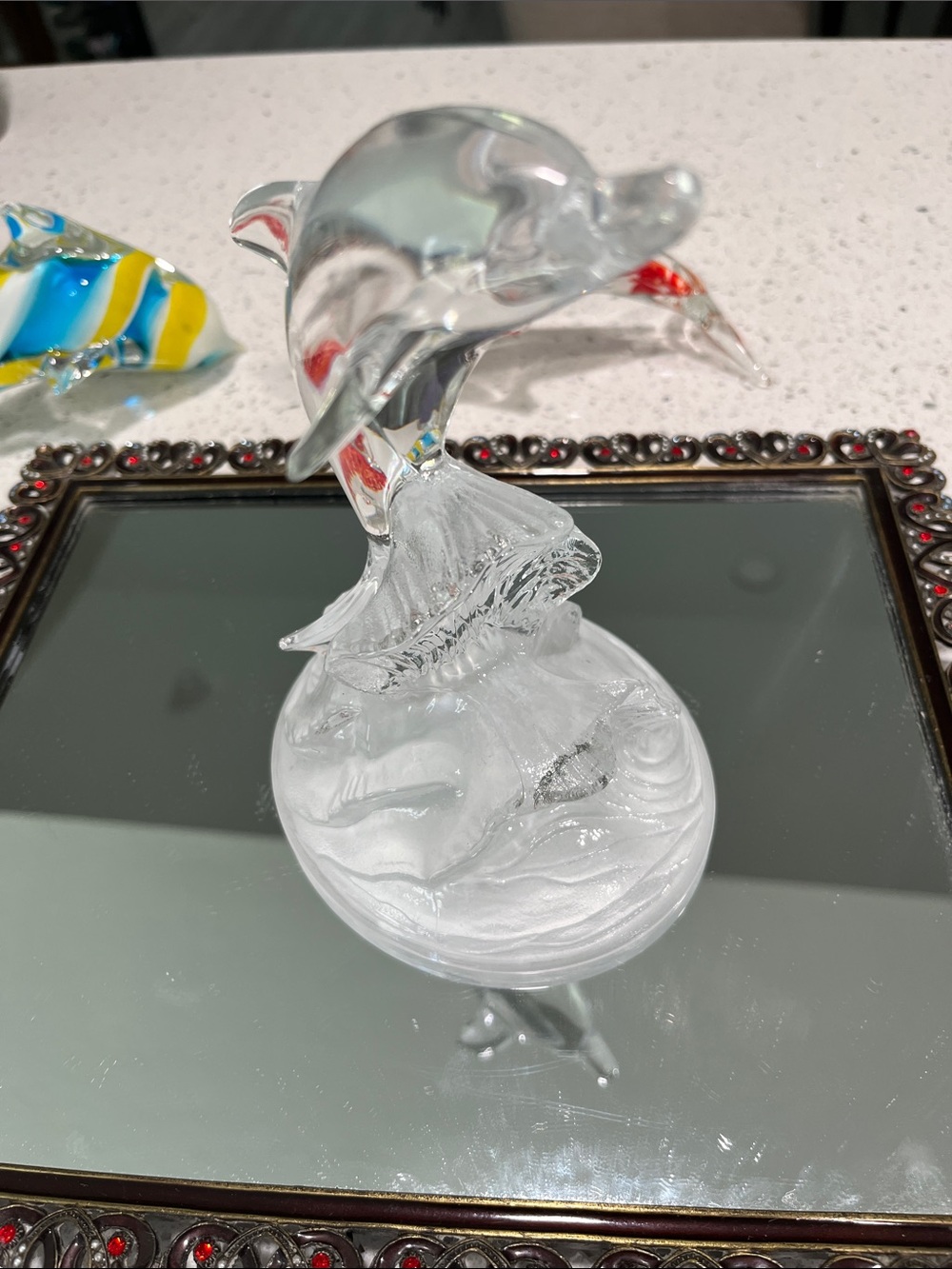 Cristal D’Arques are a Clear Glass Dolphin Sculpture on Frosted wave base